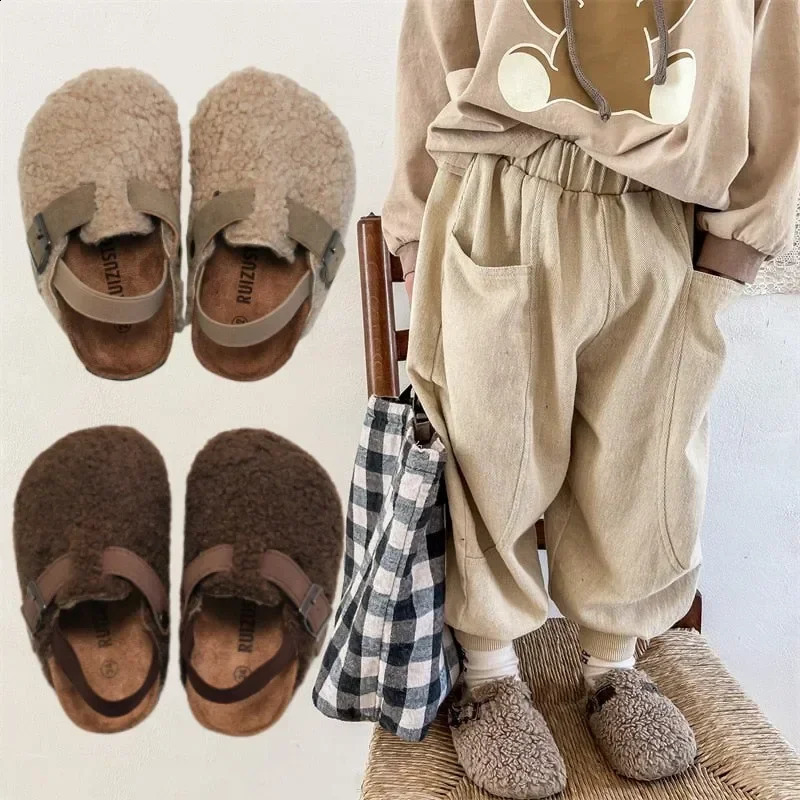 Childrens Fleece Elastic Clogs Baby Boys Girls Plush Slipper Toddler Prewalker Footwear Winter Warm Soft Sole Shoes 241223