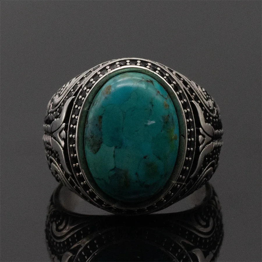 Natural Turquoise Stone Ring Men Pure Sterling Silver 925 Gemstone Ring Men Turkish Handmade Jewelry 241224