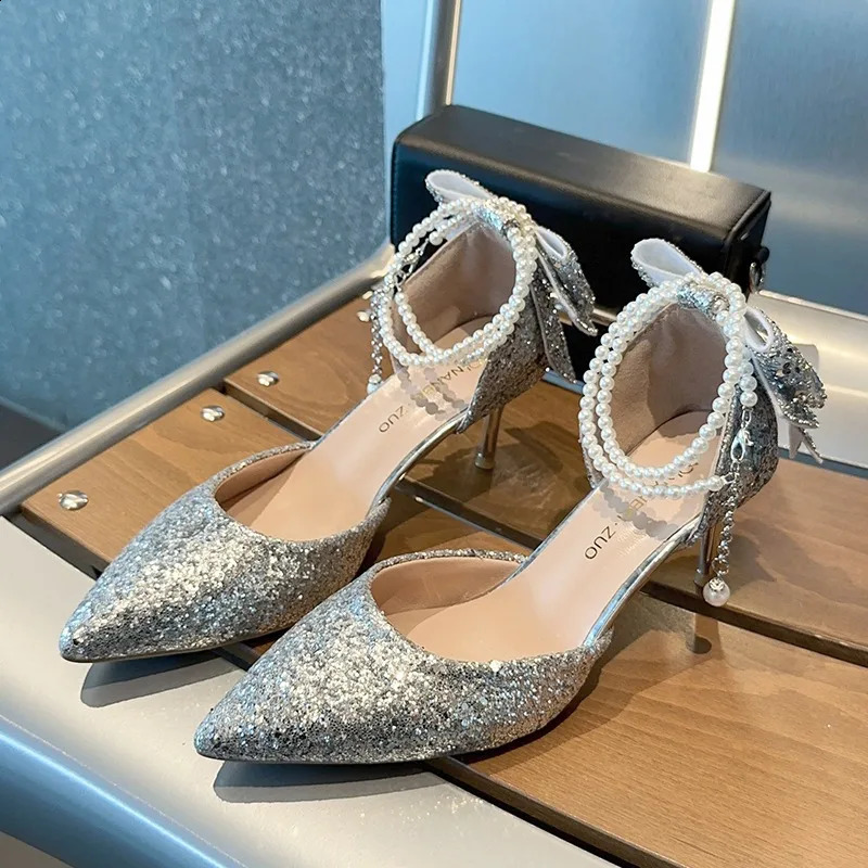 French pointy shallow mouth temperature elegant sequin bow high heels womens slim high heels pearl thread 241223