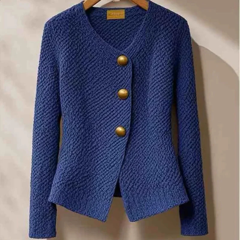 Autumn Winter Fashion Solid Chic Button Thick Knitter Cardigan Womens Clothing Elegant Wool Slim Vneck Commute Blue Sweaters 241220