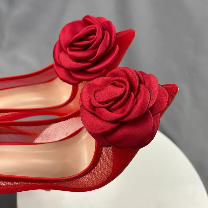 Red Flower Lace Womens Shoes 10CM Dot Toe Stiletto High Heels Womens Dress Womens Pump Plus Size 33-45 241223
