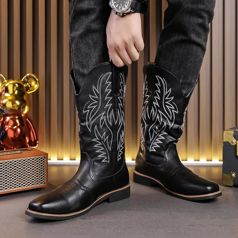 Spring and autumn mens Western cowboy boots executive embroidered boots punk mens knight boots retro wide toe leather shoes 241223