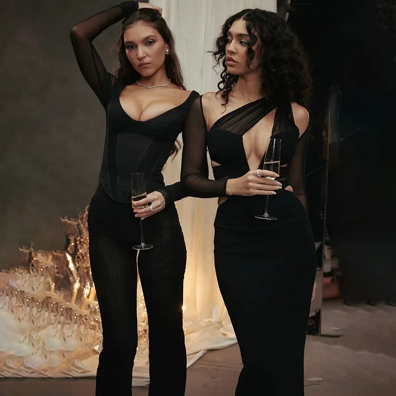 2025 Spring High Waist Womens Maxi Dress Round Neck Mesh Full Sleeve Hollow Sexy Tight Womens Festival Evening Dress 241223