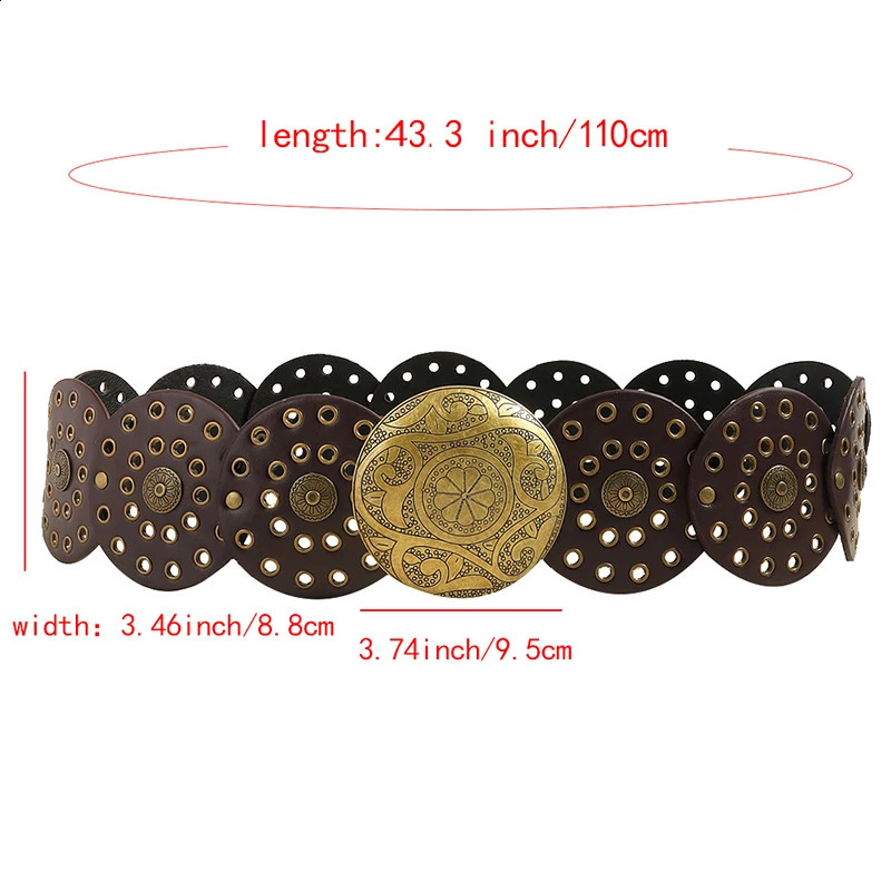 Wide Boho Disc Belt Women Vintage PU Leather Hollow Western Cowboy Metal Buckle Chain Belts Exaggerated Round Waistband 241224