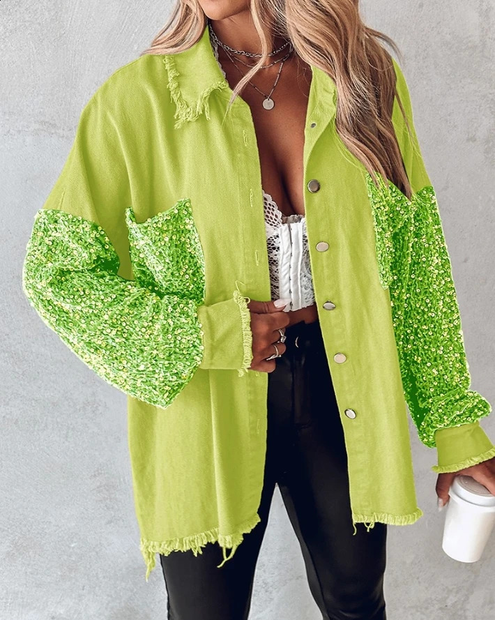 Women Jacket Spring Fashion Contrast Sequin Raw Hem Pocket Casual TurnDown Collar Long Sleeve Daily Shacket 241218