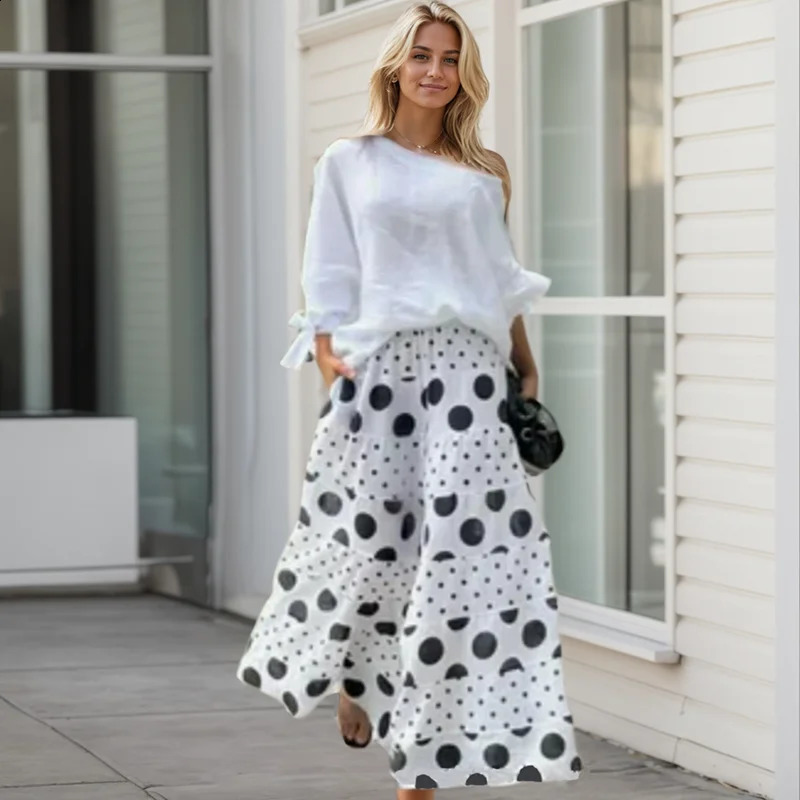 Fashion High Street Outfits Casual Diagonal Neck Hollow Top with Wide Leg Pants Sets Dot Prints Multilayer Splice Female 241220