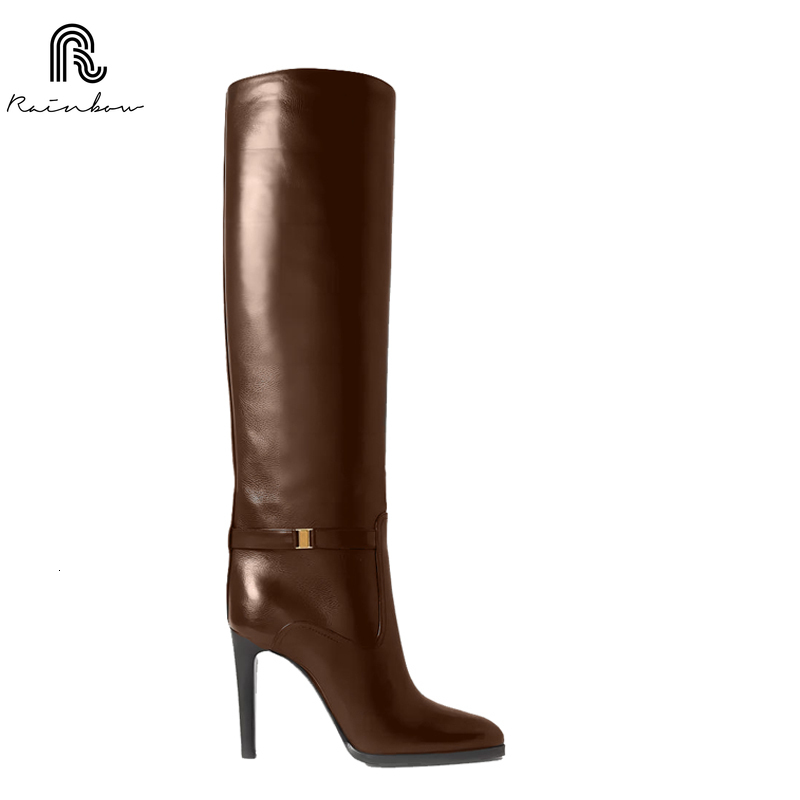 RAINBOW 33-46 Autumn Winter Cowhide Knee-High Long High Boots Stiletto Heels Slip-On Slim Retro Sexy Women Lady Suede