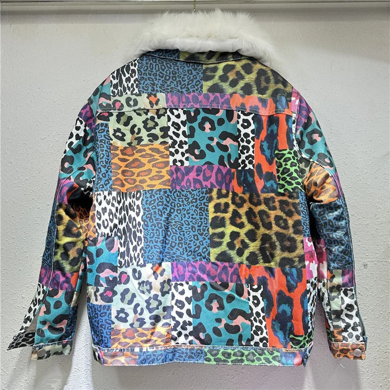 Winter Thick Big Fur Collar Fleece Liner Denim Jacket Women Outwear Loose Short Rivet Beading Leopard Print Jeans Jacket Female 241223