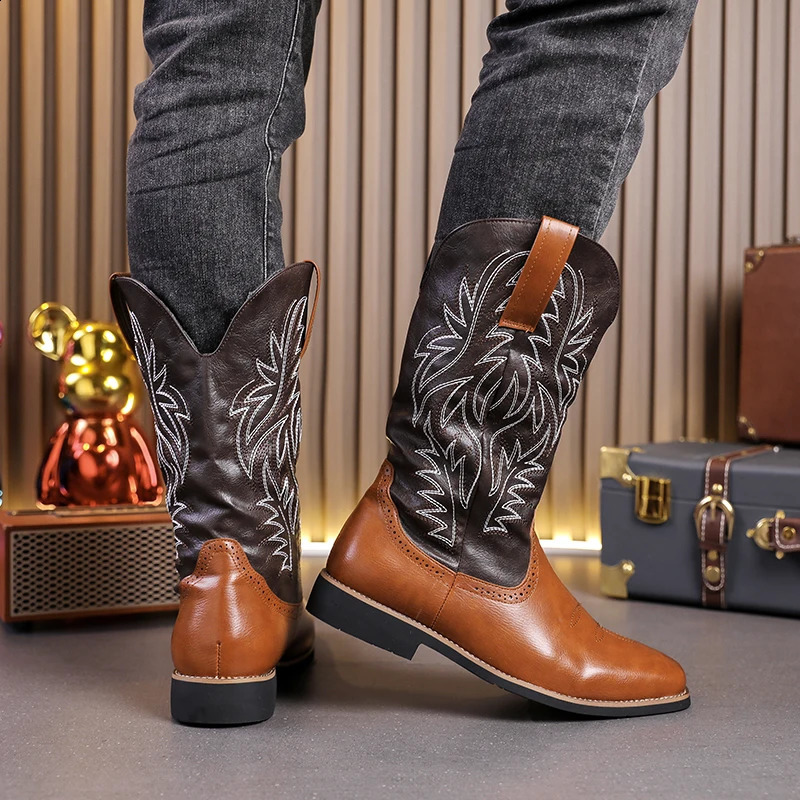 Spring and autumn mens Western cowboy boots executive embroidered boots punk mens knight boots retro wide toe leather shoes 241223