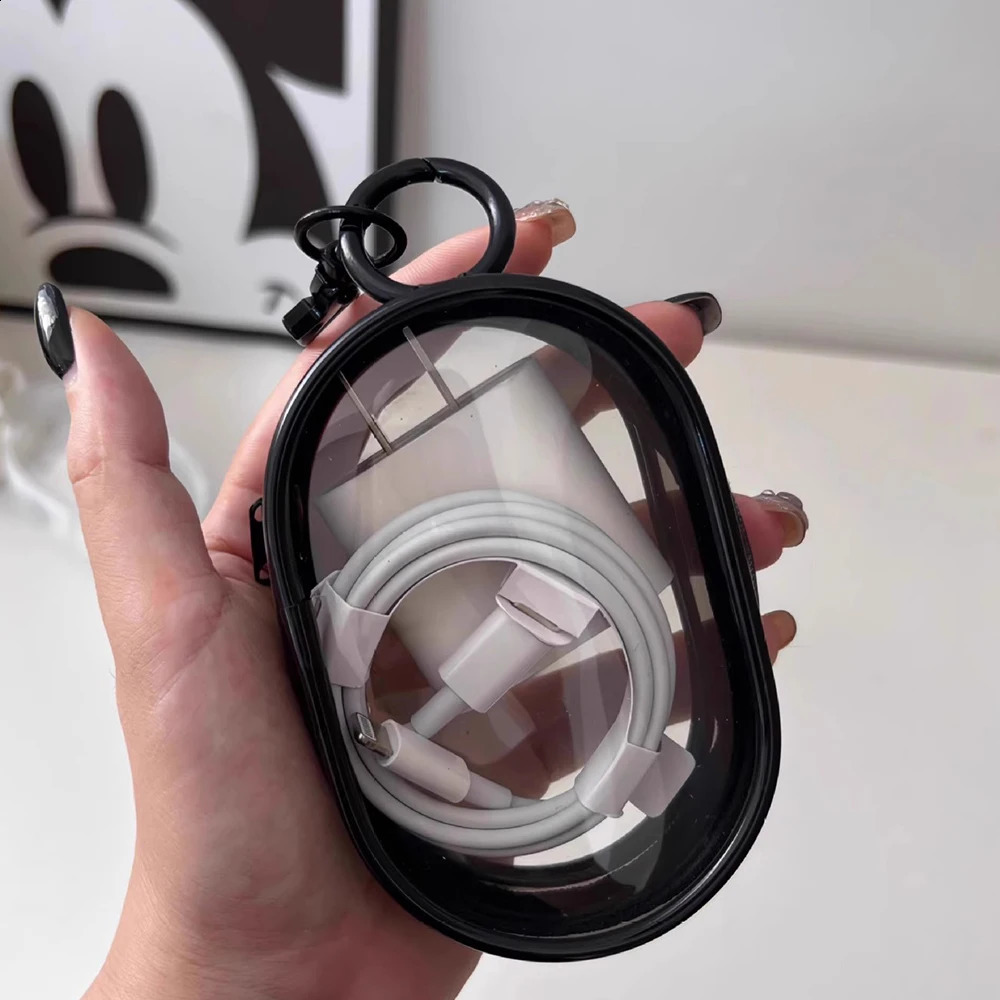Round Black PVC Transparent Cosmetic Bags Jewelry Organizer Portable Data Cable Earphone Coin Charger Storage Pouches 241213