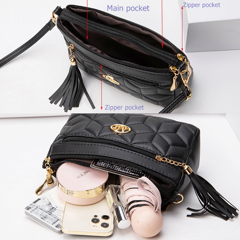 Double Zipper Crossbody Bag 2024 New Fashion PU Diamond Lattice Shoulder Bag Tassel Decoration More Zipper Pocket Large Capacity