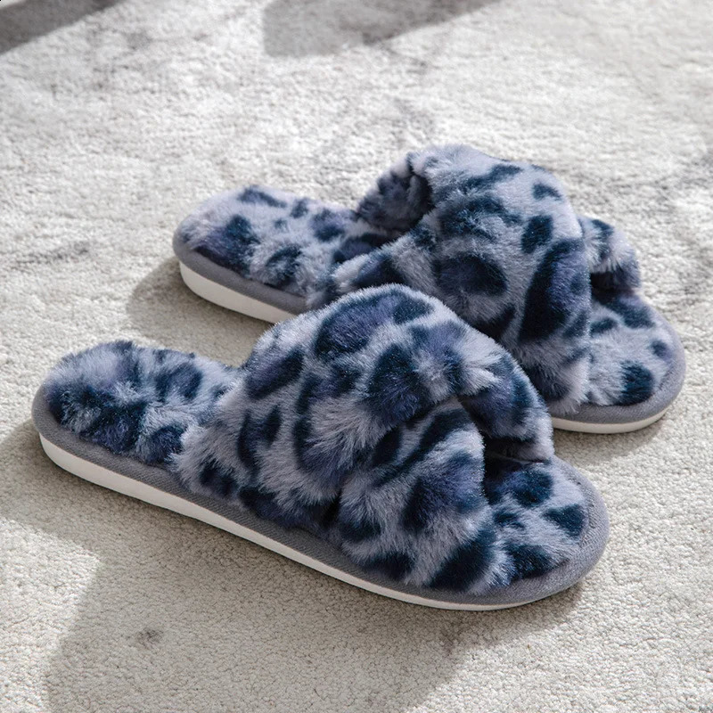 Leopard Print Cross Open Toe Autumn Winter Womens Fluffy Slippers Warm Home Comfortable Non-slip 241223