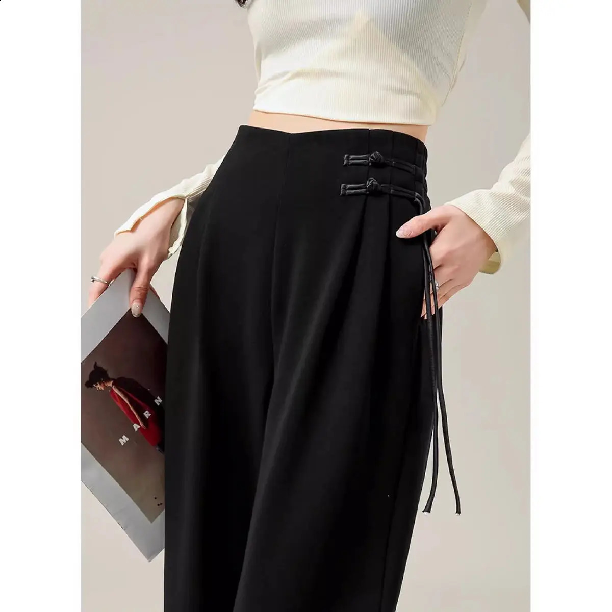 Chinese Style Buckle Pants with High Waist and Slimming Effect Straight Tube n Casual Suit Pants for Women 241220