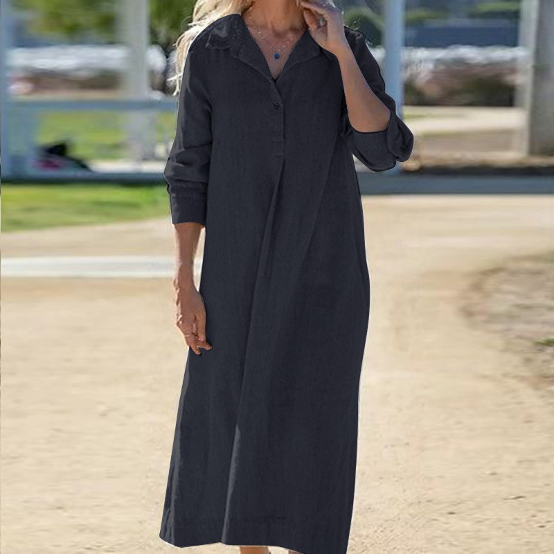 P06888 solid color cotton and linen long-sleeved lapel shirt group ladies fashion casual A-line group loose robe dress