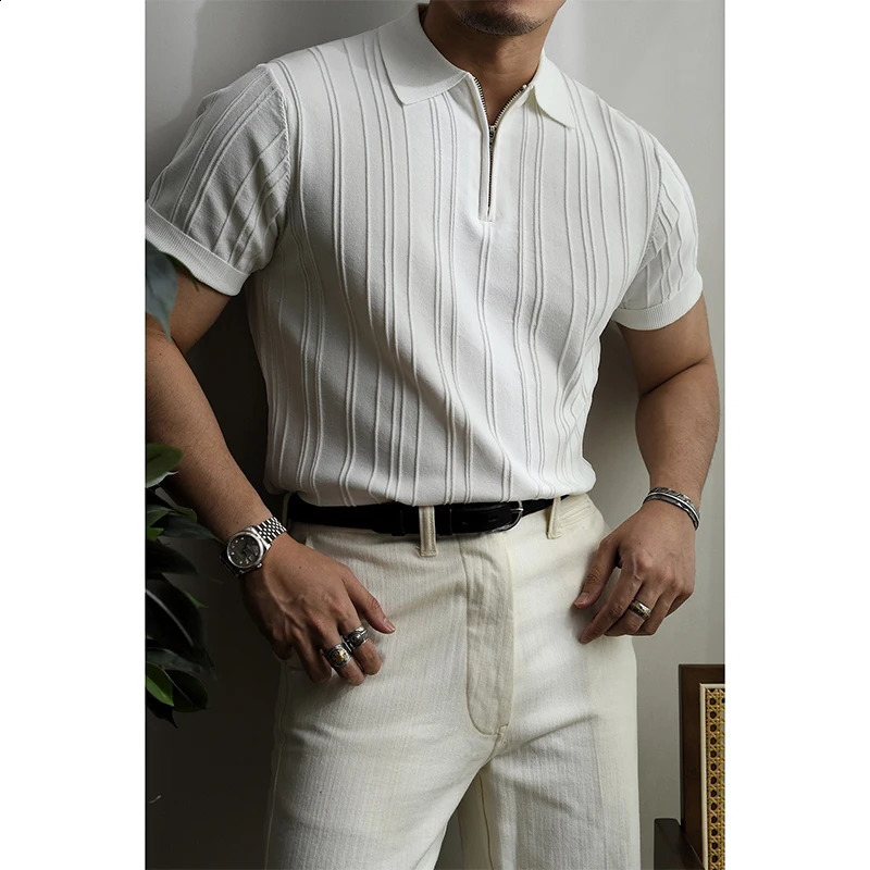 Summer Mens Clothing Light Zipper Polo Shirt Korean Solid Color Short Sleeve Retro Fashion Streetwear Leisure Knitwear 241223