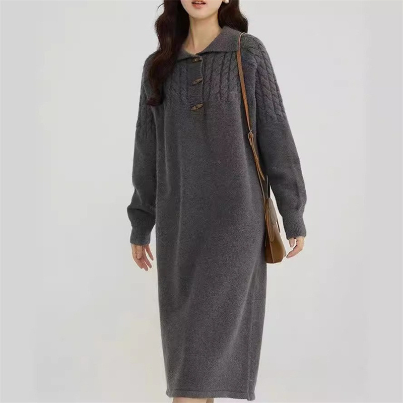 L1112 Casual Korean style lapel knitted dress for women autumn and winter new loose inner wear medium-length sweater bottoming skirt
