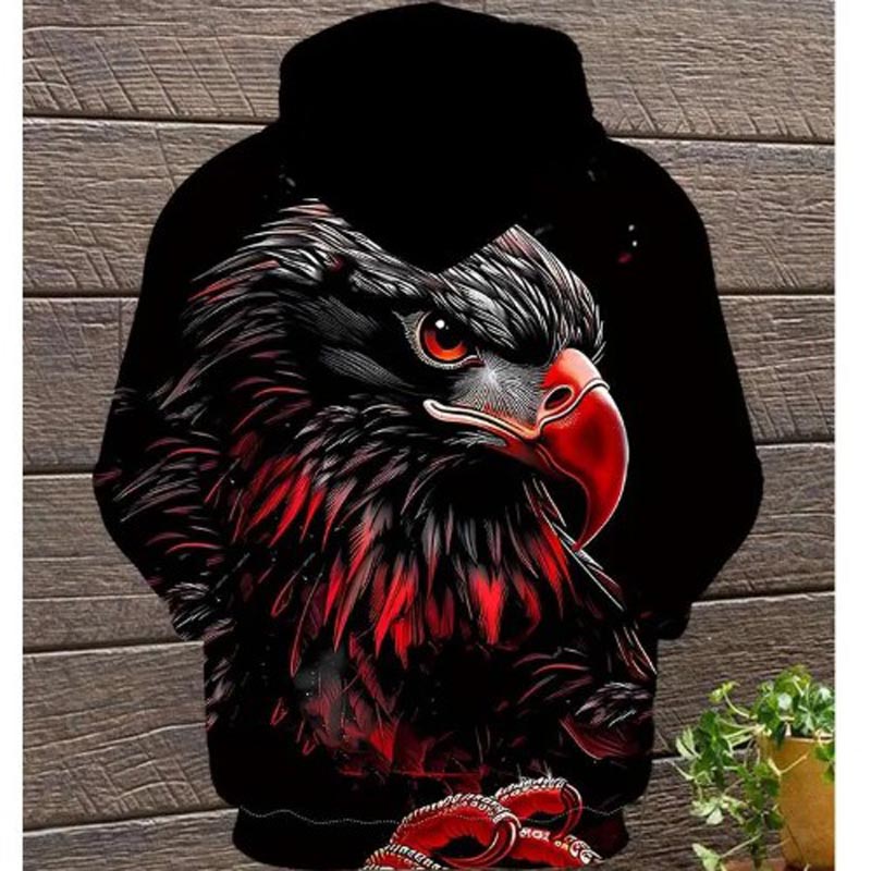 Men's casual 3D eagle print pullover, long sleeved, drawstring hat, with pockets, fashionable outdoor wear