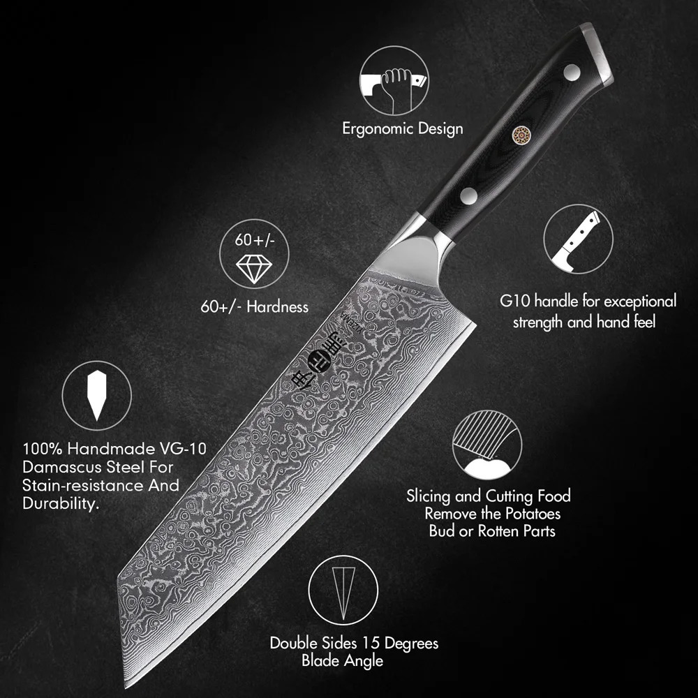 YIZEMA 8.5-inch Japanese Kiritsuke Knife Damascus Steel VG10 Sharp Meat and Vegetable Professional Chef Knife Kitchen Cooking Tools 241224