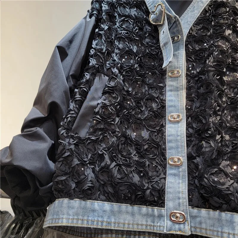 DEAT Womens Coat Patchwork Denim Pleated Flowers Sequins Gold Buttons Loose Elegant Jackets 2025 Spring Fashion 29L9418 241218
