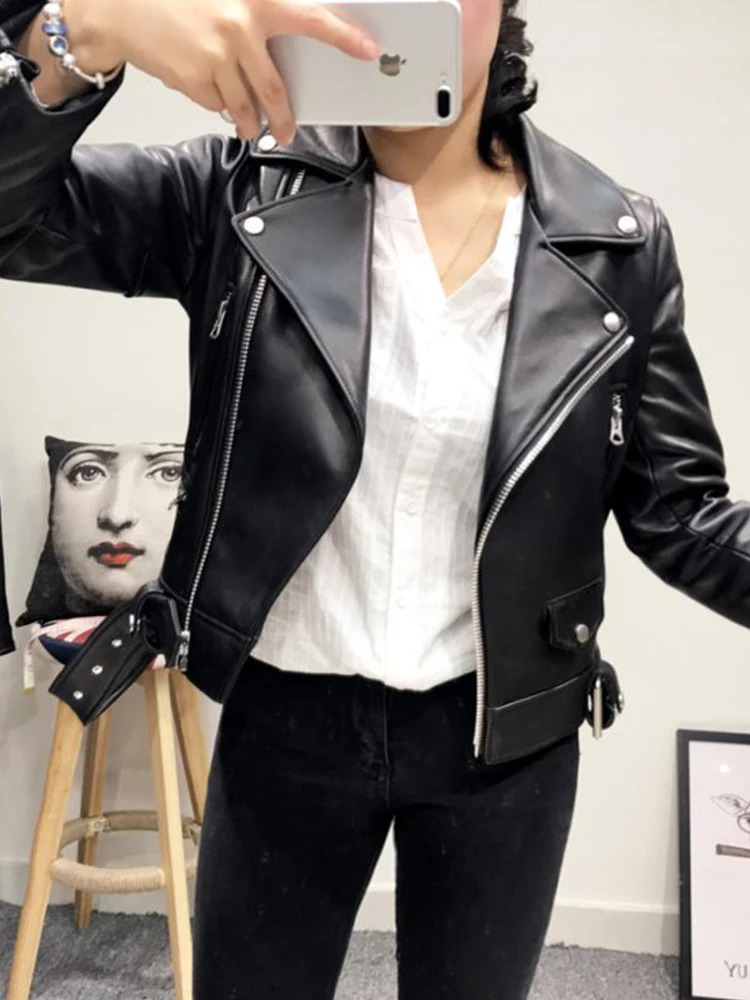 Ailegogo Spring Autumn Women Moto Biker Black Pu Fuax Leather Jacket Streetwear Female Belt Zipper Slim Fit Short Coat Outwear 241218
