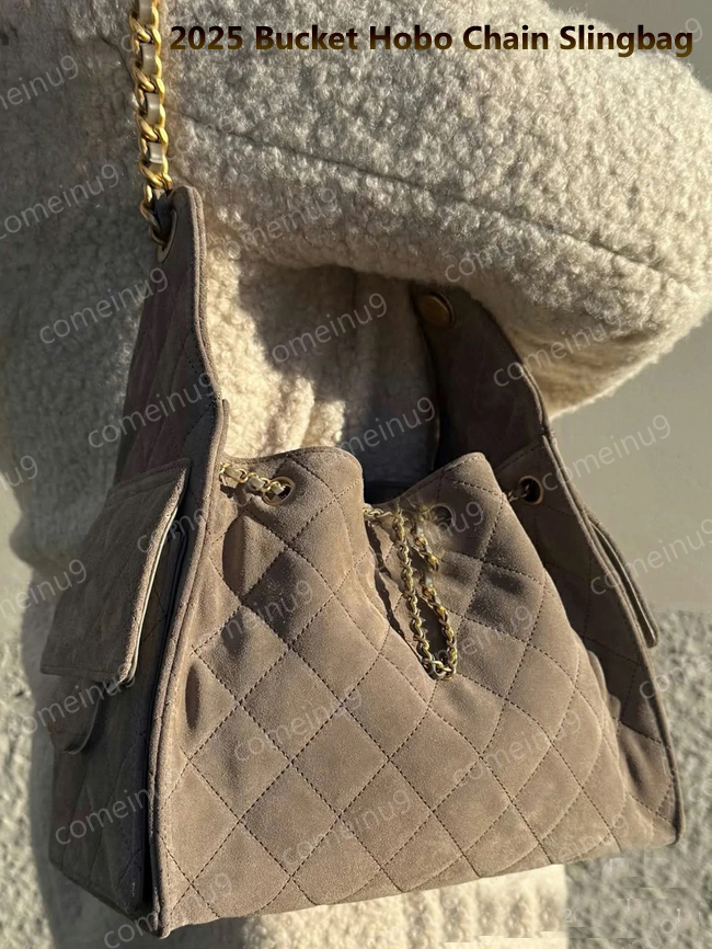 2025ss Deerskin Suede Bucket HoBo Chain Sling Bag Mirror Quality Women's Shoulder Crossbody Bags Side Pocket Earphone Backpack Designer Handbags 12A Gray Brown
