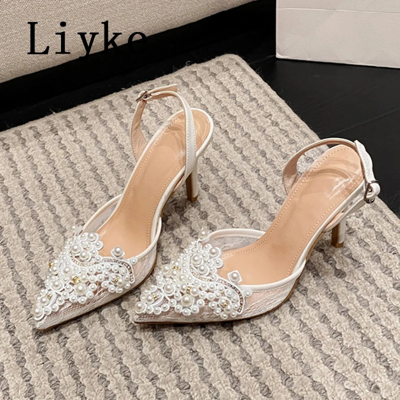 Liyke sexy back buckle strap womens pump fashionable crystal pearl mesh pointed toe suspender high-heeled sandals womens shoes 241223