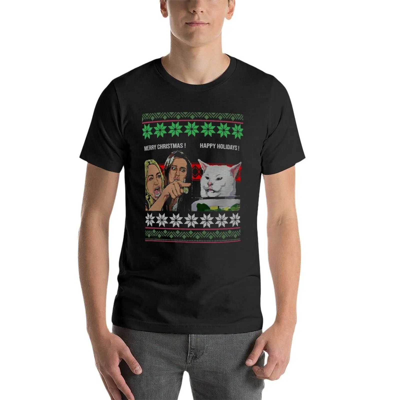 Women Scream Ugly Christmas Gift T-shirt on Cat Meme Summer Top New Version Mens Solid Color T-shirt W241223