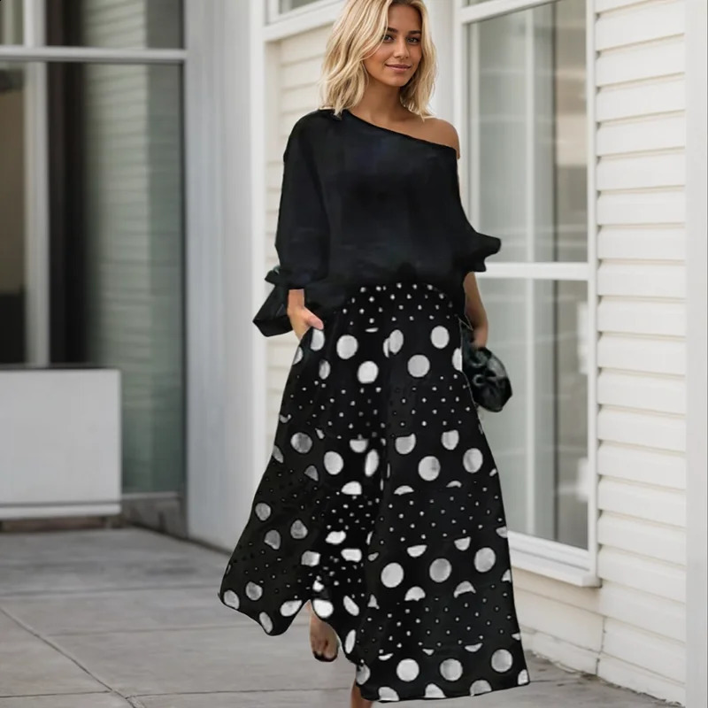 Fashion High Street Outfits Casual Diagonal Neck Hollow Top with Wide Leg Pants Sets Dot Prints Multilayer Splice Female 241220