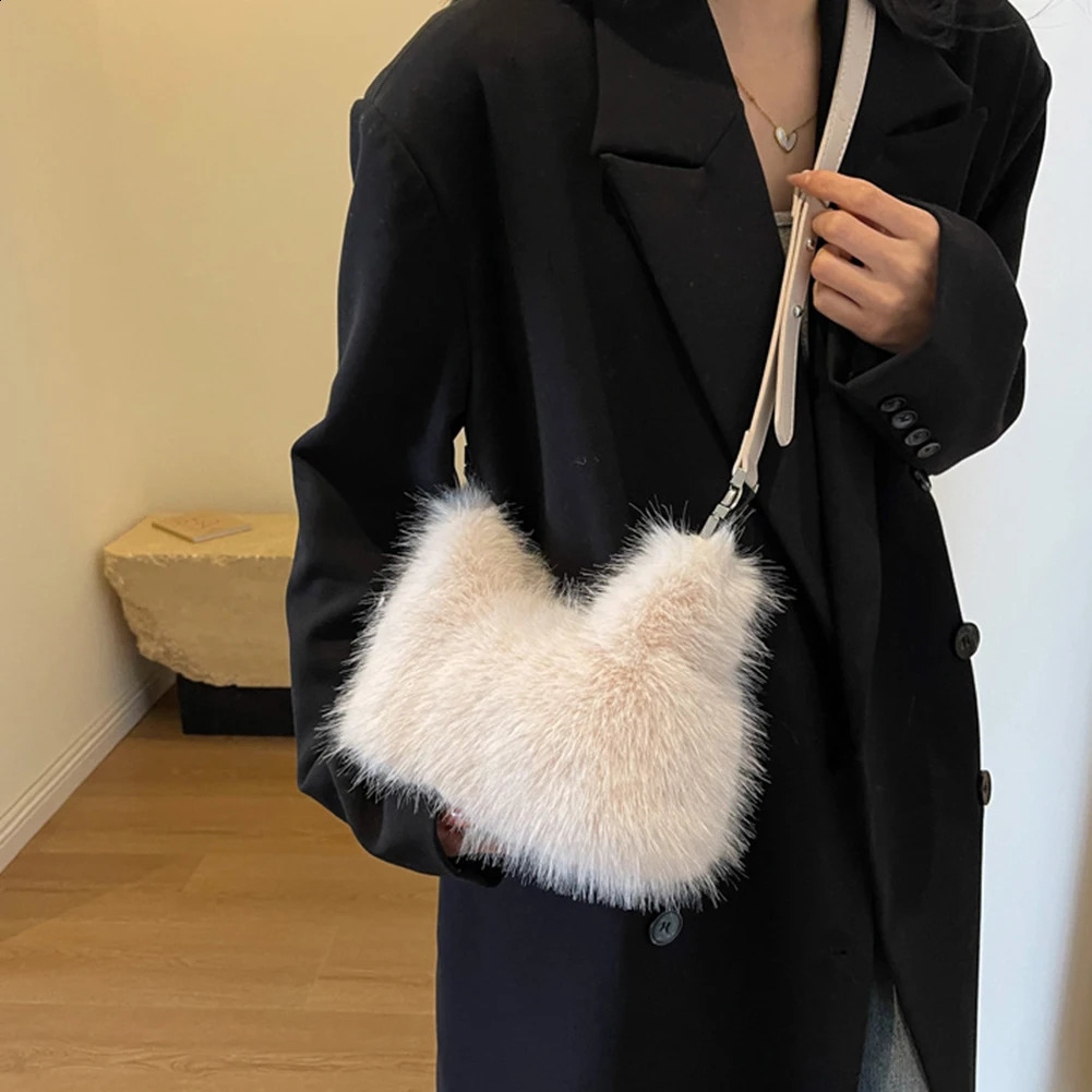 Faux Fur Shoulder Bag for Women Plush Top Handle Clutch Bag Adjustable Strap Fluffy Crossbody Bag Lady Furry Handbag Party Purse 241224