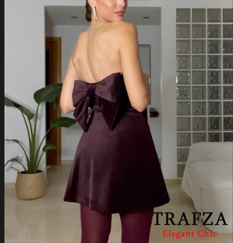 TRAFZA Womens Elegant Velvet Dress with Bow Tube Retro Dress Lined with Fashion Dinner Date Party Sexy Dress 241223