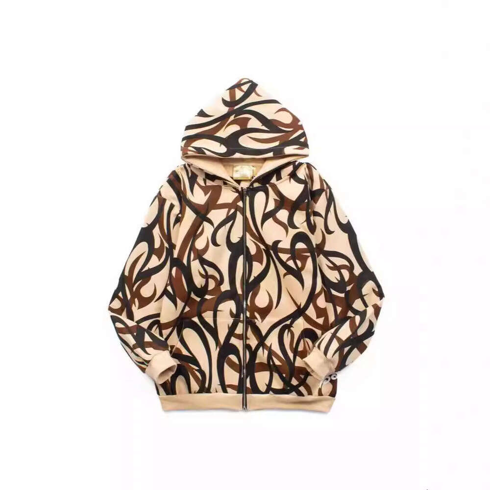High Trendy Brand Hip Hop Street Ins Celebrity Same Style Thorn Full Print Zipper Hoodie Coat