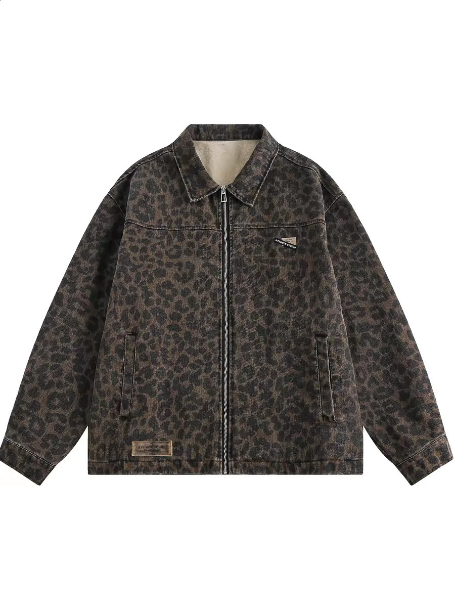Jackets Women American Leopard Print Lapel Retro Loose Trendy Niche High Street Casual Denim Coats Couple Autumn 241223