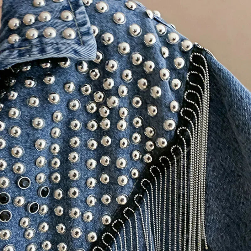Autumn Denim Jacket Coat Women Rivet Tassel Chain Short Coats Woman Loose Streetwear Long Sleeve Black Coats Abrigo De Mujer 241223