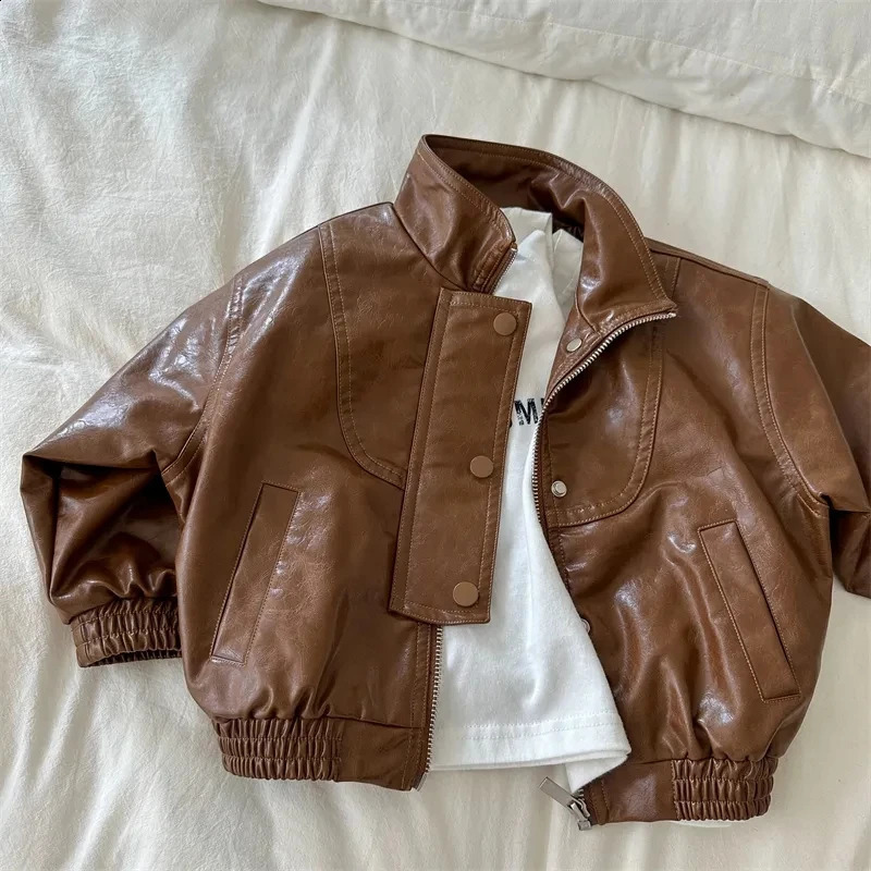 Boys Jacket outerwear Spring and Autumn Korean Childrens Vintage Zipper Leather Clothes Fashionable Baby Jackets Top 241223