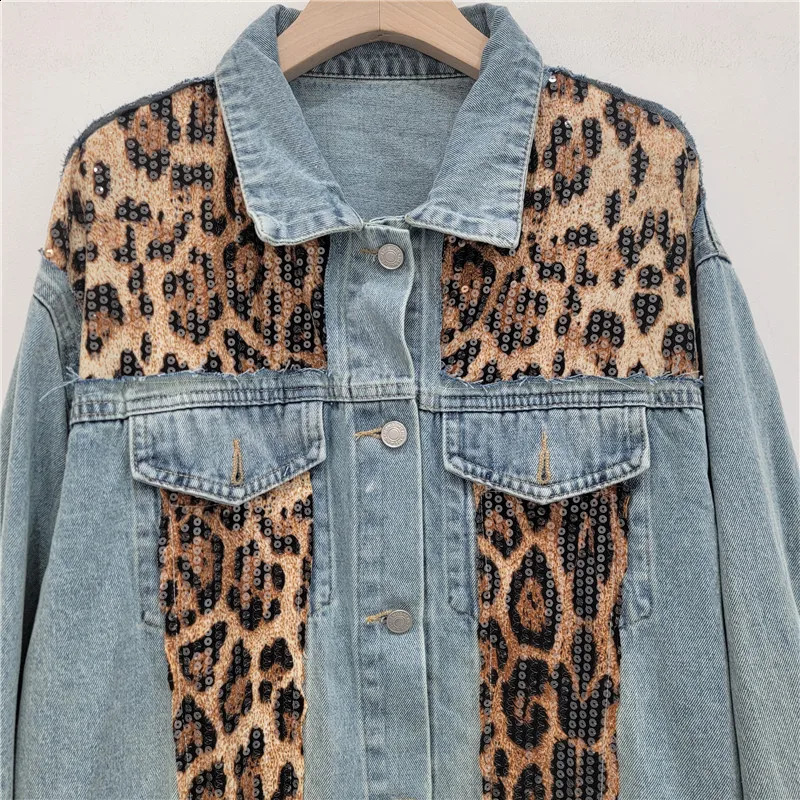 Retro Leopard Printed Sequined Patchwork Denim Jacket Casual Beading Spliced Jeans Coat Loose Cow Cardogan Streetwear Tops 241223