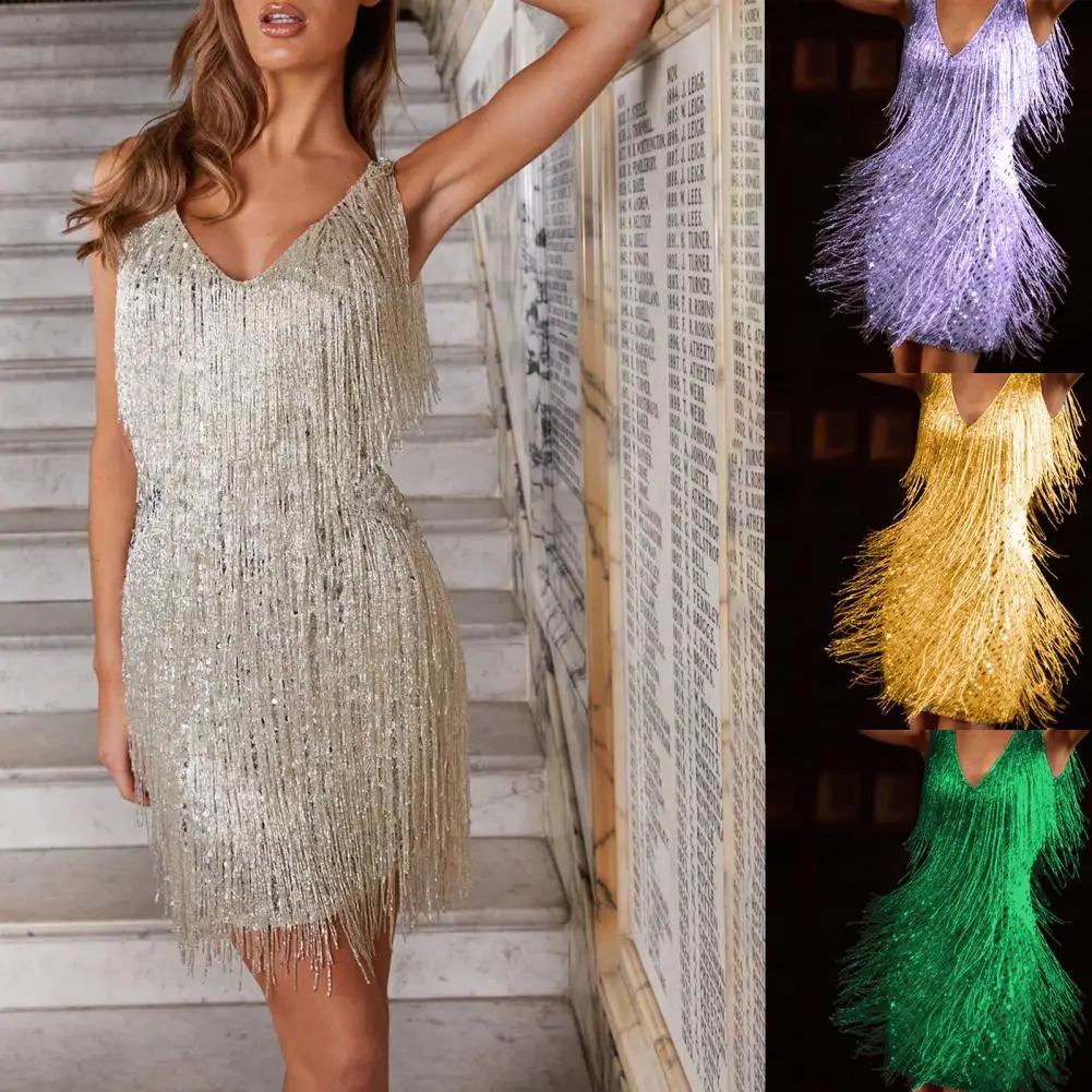 Fashionable and elegant dress with elastic tassel sequins decoration sexy body mini dress solid color knee summer dress club wear 241223