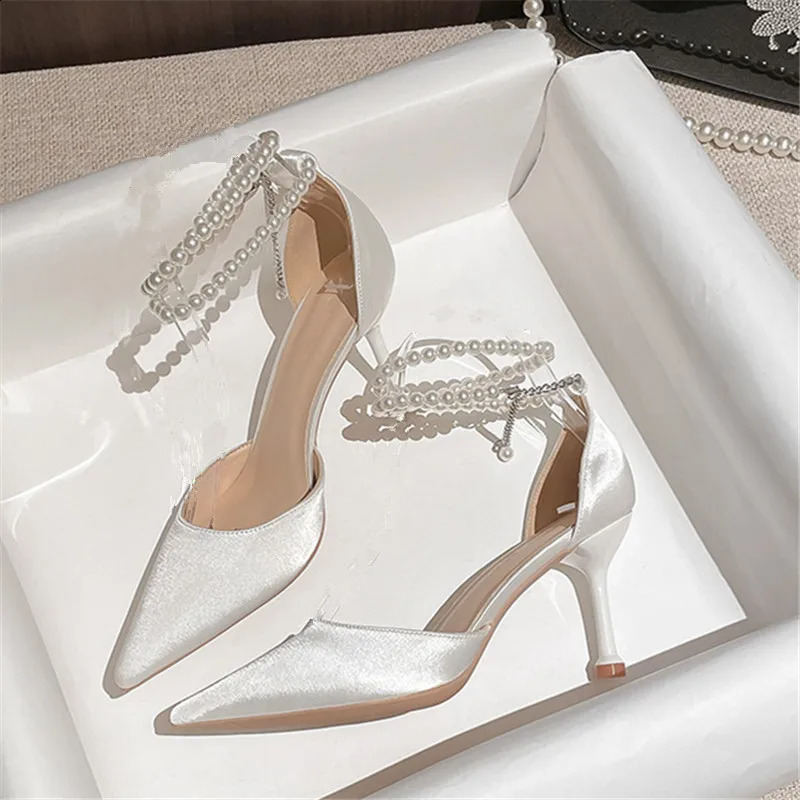 Spring Womens Wedding Shoes High Heel Shoe Pearl Silk White High Heels Ladies Sexy Dot Toe Pearl Pump 241223