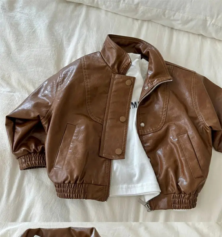 Boys Jacket outerwear Spring and Autumn Korean Childrens Vintage Zipper Leather Clothes Fashionable Baby Jackets Top 241223