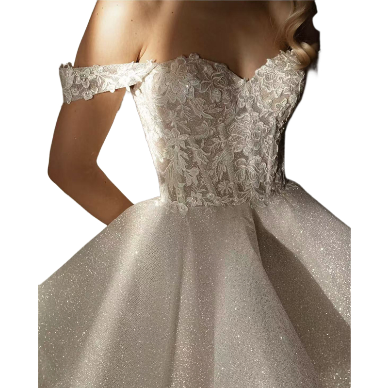 Short Glitter Sequined Wedding Dresses Lace Appliques Off Shoulder A E Garden Bridal Gowns Ivory Mini Vestido De Novia Back Lace Up