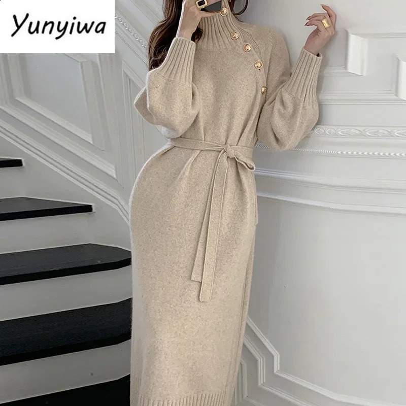 Winter Turtleneck Buttons Women Knitted Dress Elegant Full Sleeve Laceup Female Thicken Long for Sweater Autumn 241218