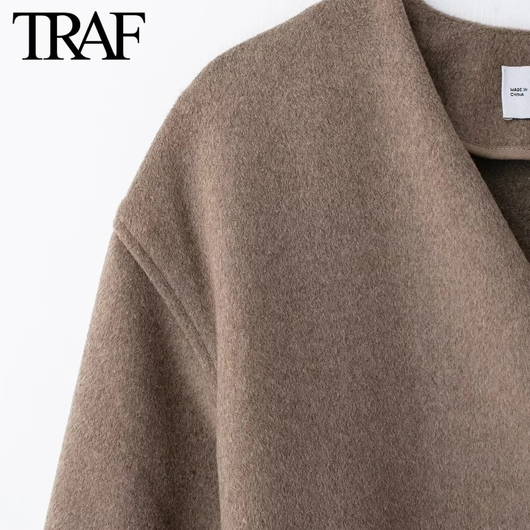 TRAF Jacket For Women Fashion 2024 Autumn Winter New Solid Color Belt Soft Long Sleeved V-Neck Short Coats Chic Ladies Tops