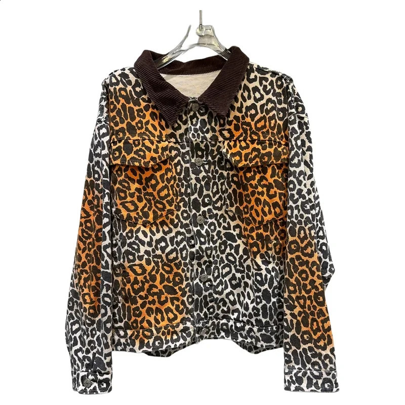 Autumn American Sexy Velvet POLO Collar Leopard Print Denim Jacket Street Hipster Long Sleeve Loose Jacket Women 241223