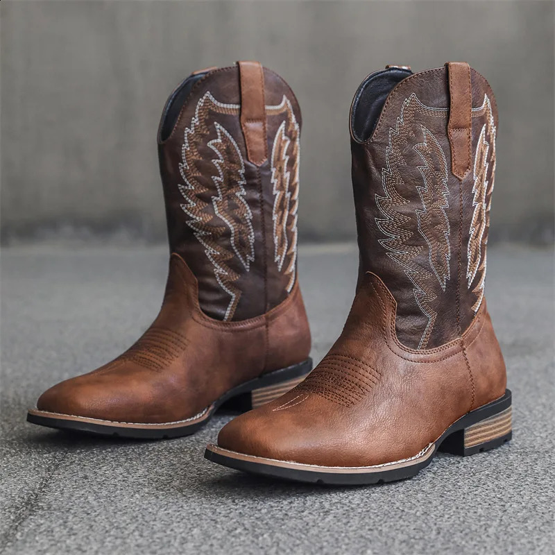 Mens Classic Retro Western Cowboy Boots Mens Fashion Embroidered Small Leg Leather Boots Mens Senior Casual Shoes 241223