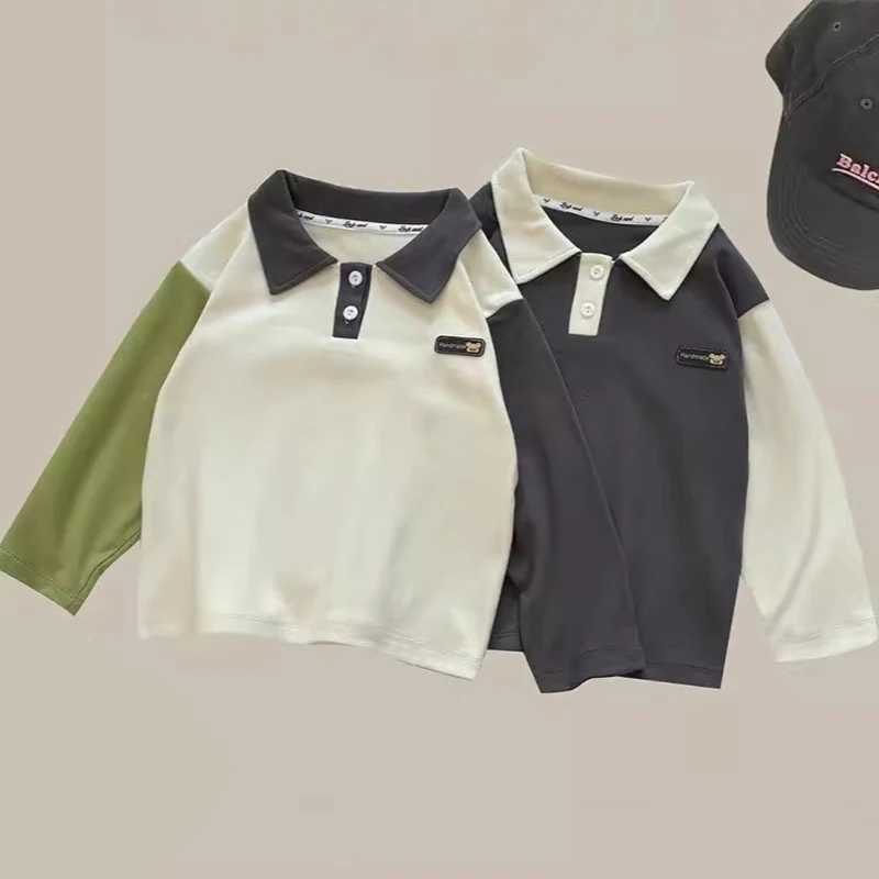 New childrens long sleeved polo shirt made of German velvet for boys and girls fashionable patch work autumn warm top lapel T-shirt childrens clothing