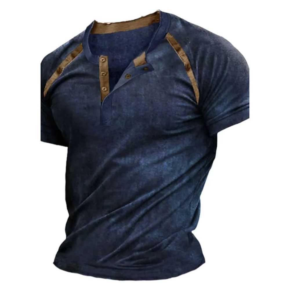 Henley mens summer pattern button plain 3D printed street retro casual short sleeved clothing oversized street clothing W241223