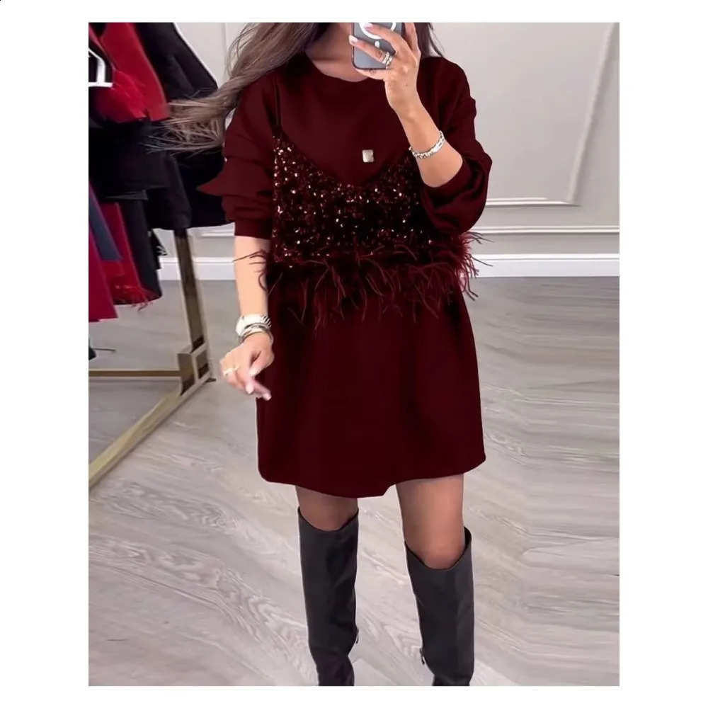 Autumn and winter fashion sequined feather dress for womens casual round neck long sleeved sequined feather straight tube dress for women 241223