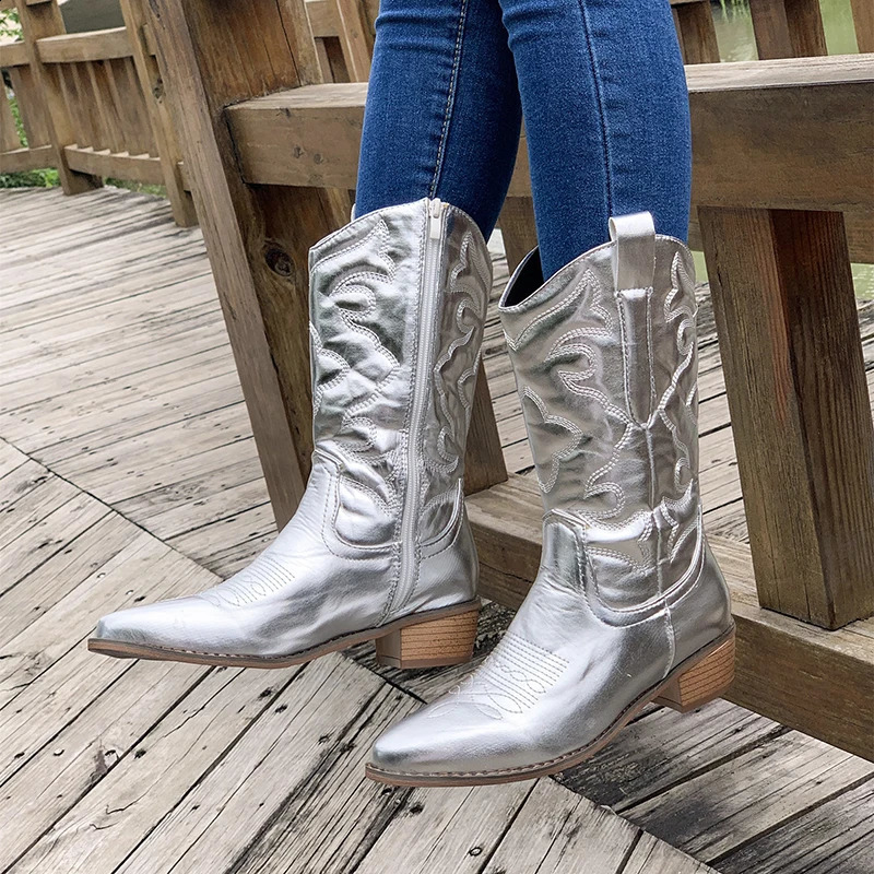Womens High Quality Gold Womens Shoes Mid Half Life Side Zipper Western Cowboy Boots Silver Retro Boots Zapatos Womens 241223