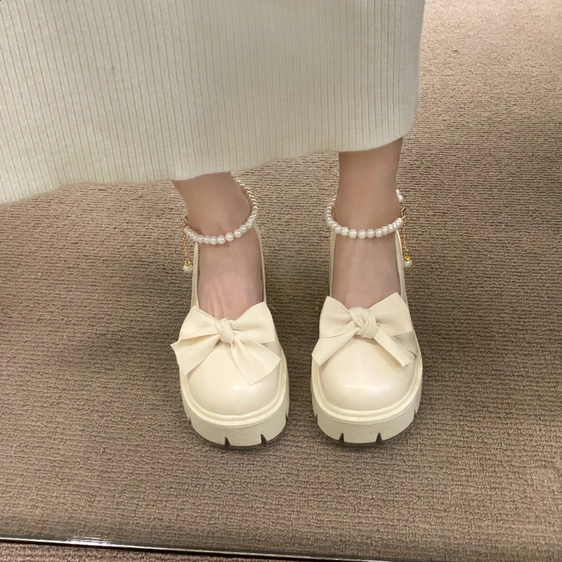 Pearl Bow Mary Jane Sandals Womens Lolita Thick Mary Jane High Heels Pump Summer Sandals Beaded Womens Shoes Zapatos 241223