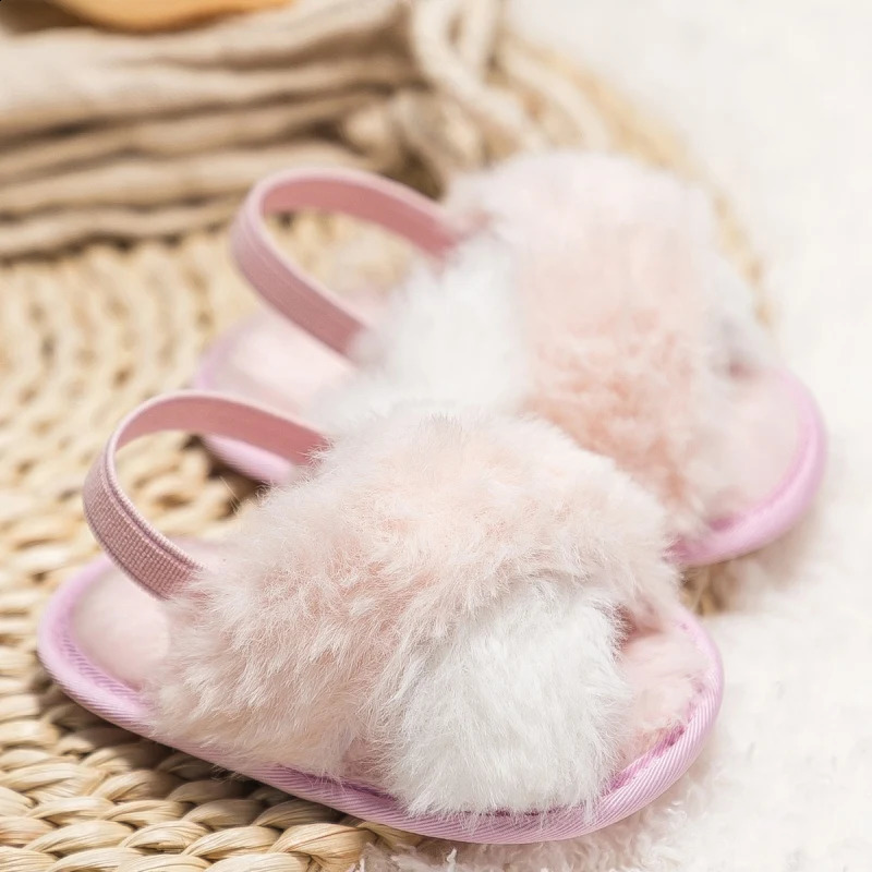 Baby Plush Sandals Faux Fur Slides for Baby Girls Open Toe Sandals born Non Slip Shoes Indoor Outdoor Infant Slippers First W 241223