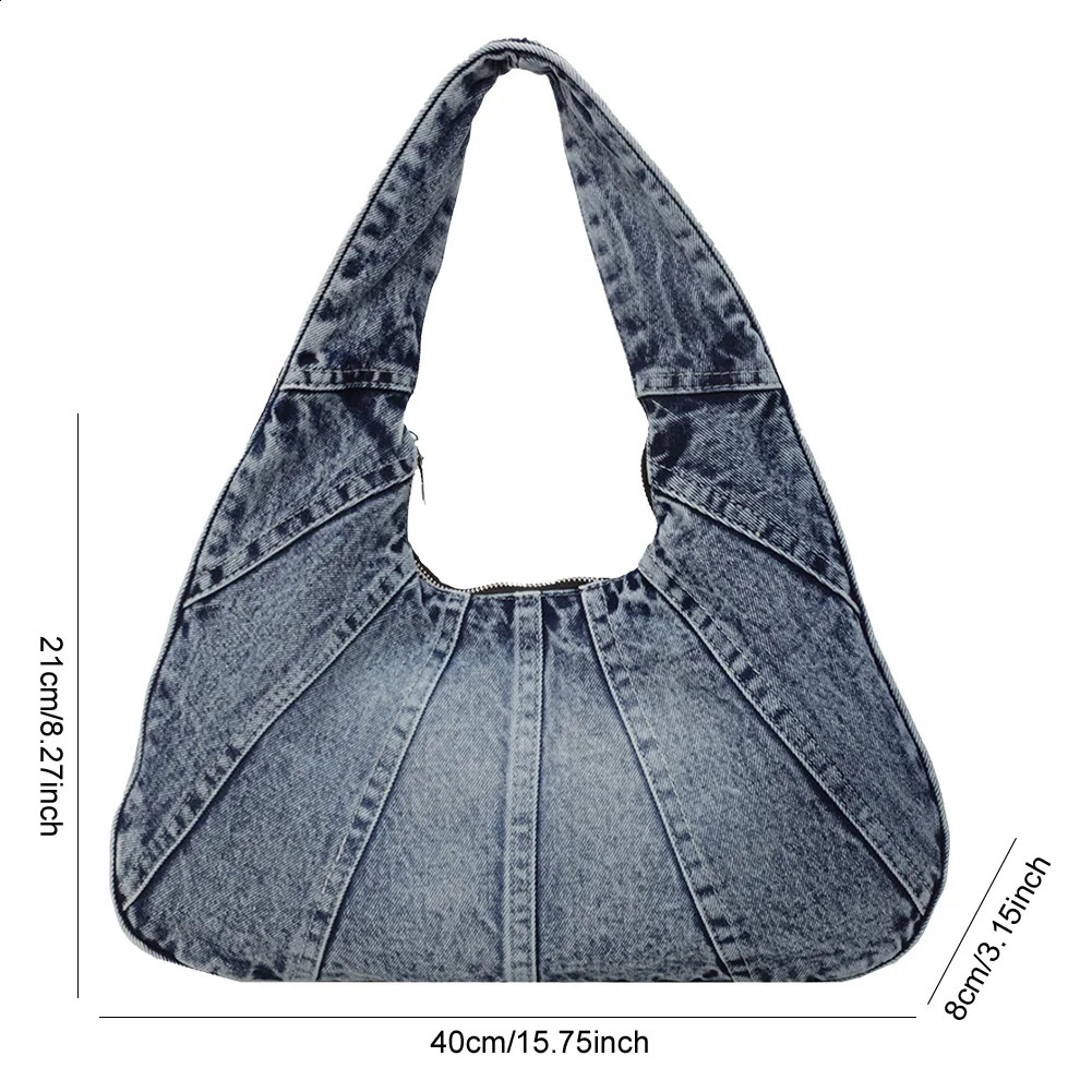 Women Denim Shoulder Bag with Zipper Handbag Trendy Underarm Purse With Pocket Clutch Bag for Work Travel Shopping 241223